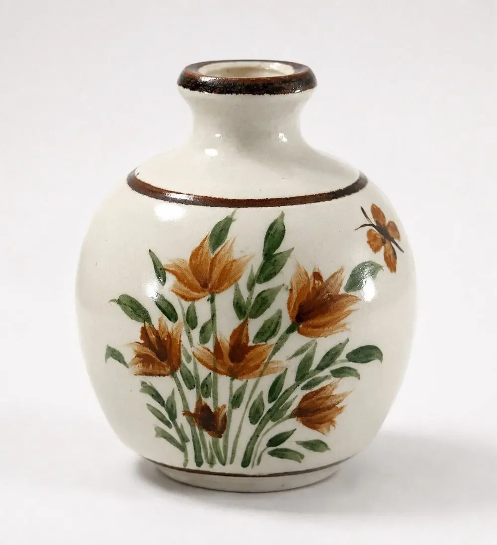 Vintage Hand Painted Stoneware Vase Floral Butterfly Folk Art Pottery 5” Heavy